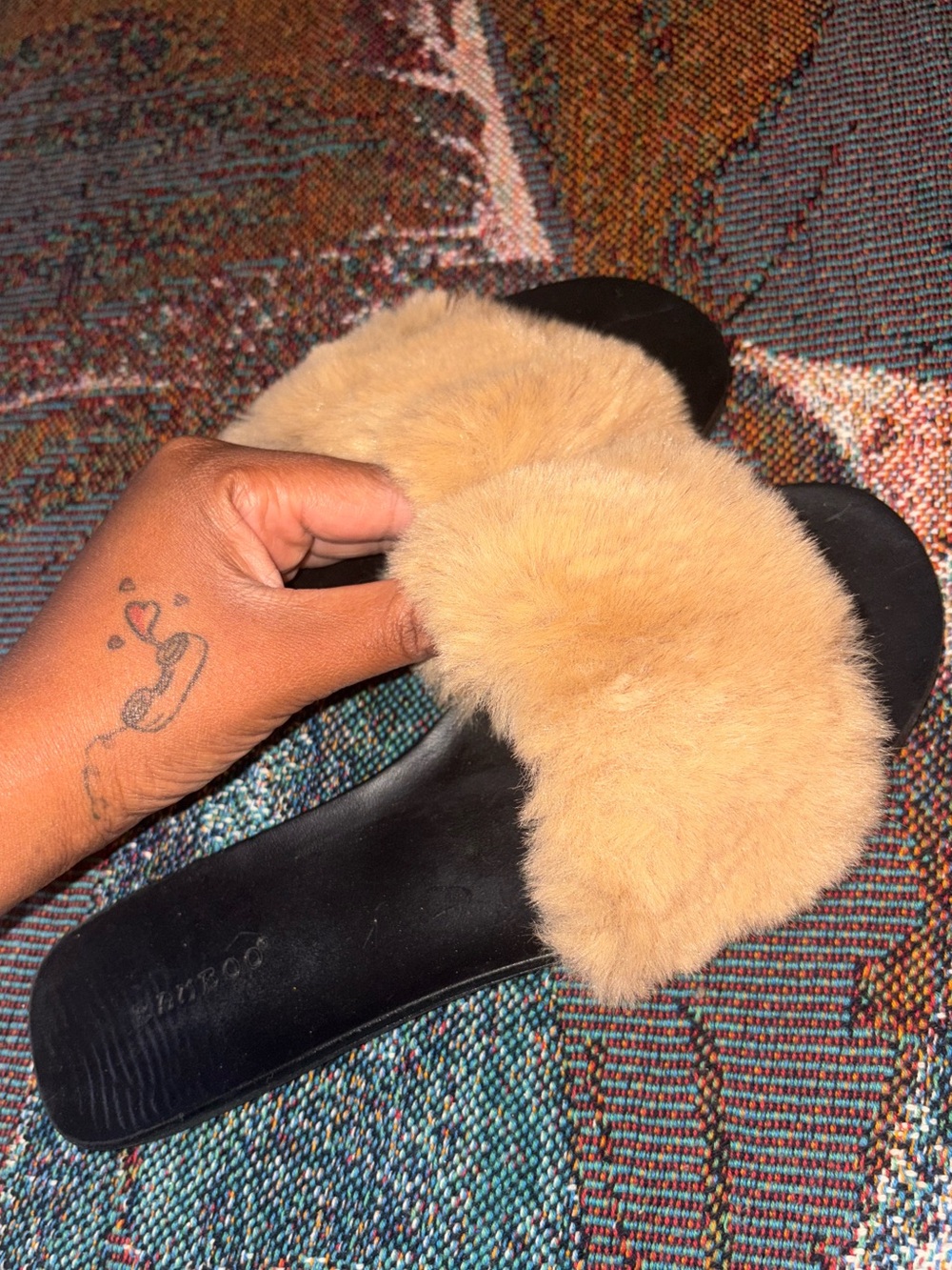 BAMBOO Women’s Tan Faux Fur Slide Sandals with Black Sole